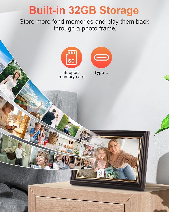 Frameo Digital Frame 10.1 Inch WiFi Digital Photo Frame with 32GB Storage, 1280x800 HD IPS Touch Screen Picture Frames with Frameo APP, Long Distance Realationship Gifts, Elderly Tech-Mocha Brown