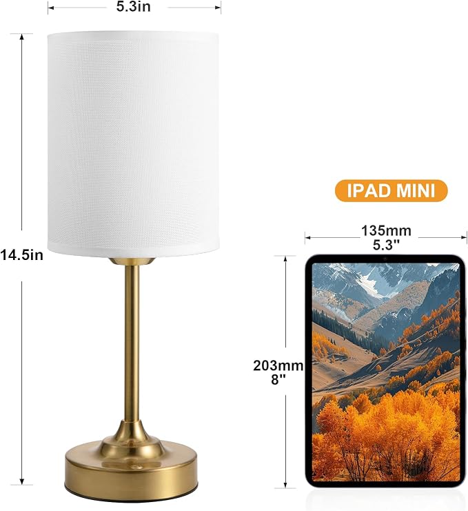 Touch Control Cordlss Table Lamp, USB-C Rechargeable Lamp with Stepless Dimming, 4000mAh Battery Operated Vintage Bedside Lamp for Bedroom, Living Room, Night Light & Emergency Lighting, Brass, 2 Pack