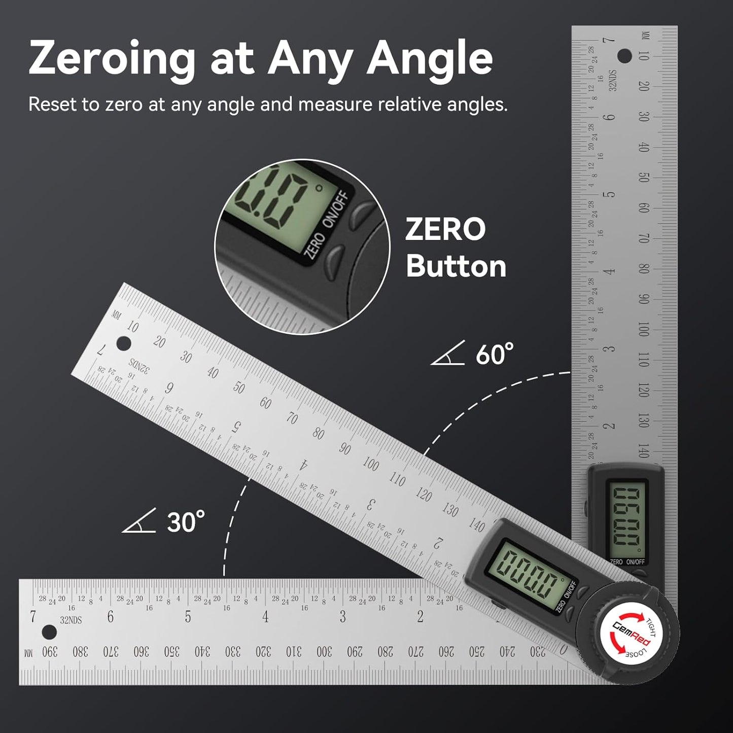 GemRed 82305 Digital Angle Finder GemRed Protractor Stainless steel 7inch 200mm (Black Button)