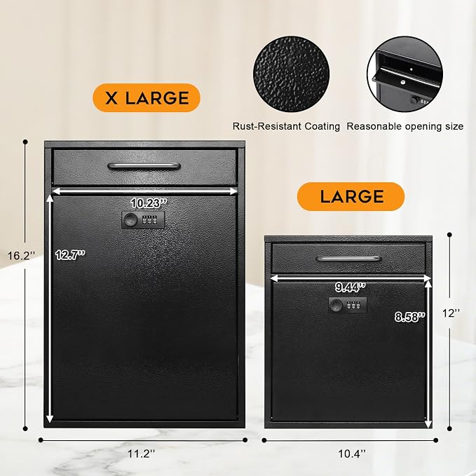 xydled Wall-Mount Mailboxes with Combination Lock, Steel Combination Lock Mail Boxes Outdoor, Locking Wall Mount Mailbox, Security Key Drop Box, 13.4H x 11.6L x 5.8W Inches, Black, Large