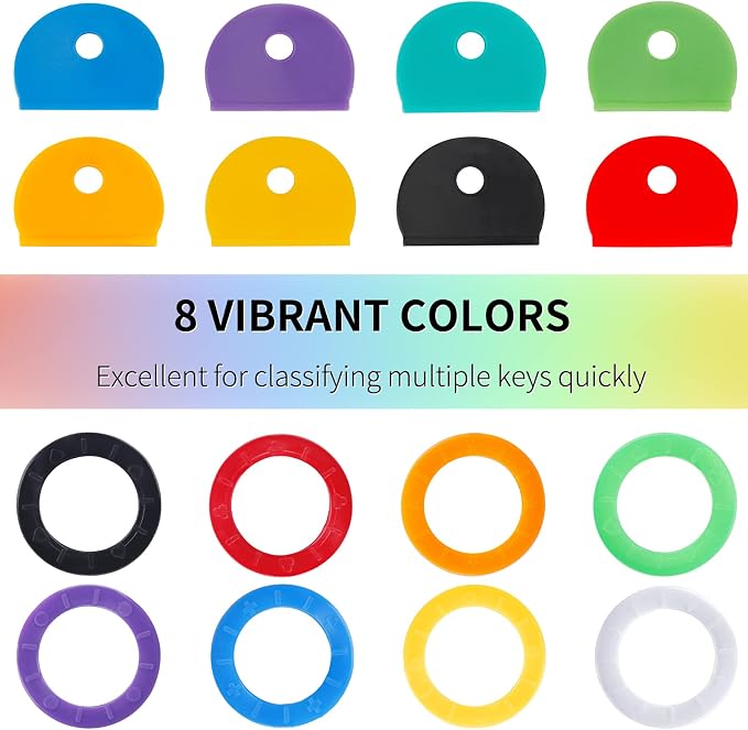 Vibit 32 Pack Key Cap Tags Set in 8 Assorted Colors Plastic Key Identifier Coding Label Covers for Standard Flat House Keys, 2 Styles