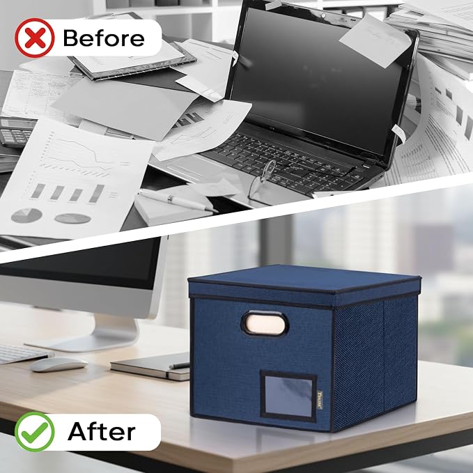 BALEINE File Organizer Box with Lid, Collapsible Hanging File Storage Box | Smooth Plastic Rails, Textured Fabric Exterior, Collapsible Hanging File Folder Box for Office Document Storage