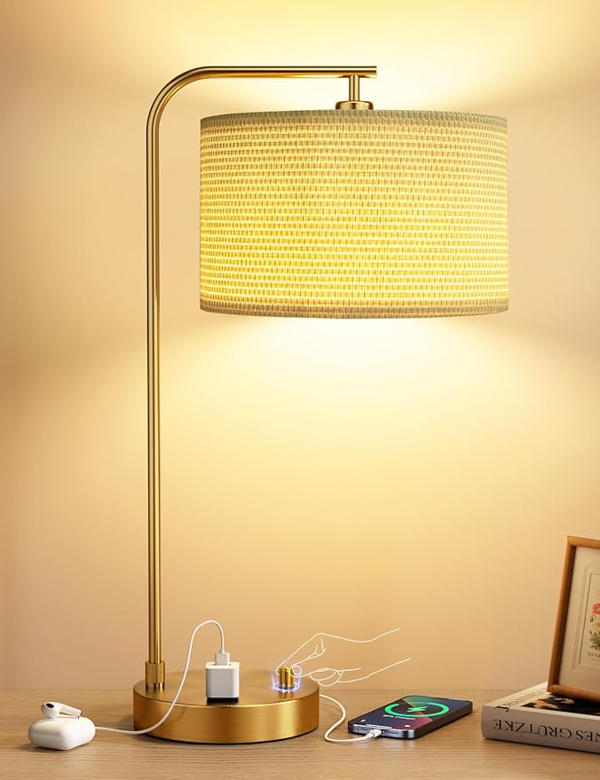 Innqoo Gold Table Lamp with Weaving lampshade, Table Lamp for Bedroom with USB Port and Outlet, Dimmable Nightstand Bedside Lamps with Linen Lampshade, Desk Lamp for Home Office, Living Room