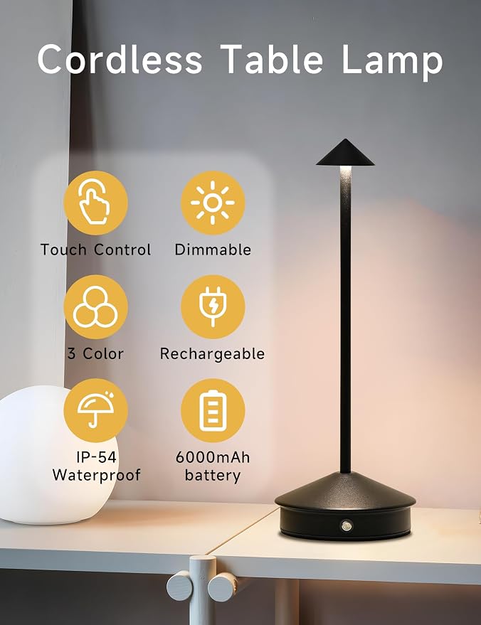 LED Rechargeable Cordless Table Lamps Black | 2 Pcs Portable Modern USB Battery Operated Lights,Waterproof Touch Dimmable Desk Lamp,for Patio,Restaurant,Bar,Dining Home