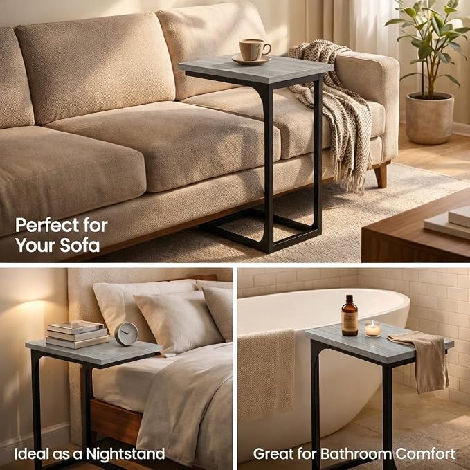 TEMI C Shaped End Table for Couch, Set of 2 Small Side Table for Sofa, TV Tray for Eating or Laptop, Accent Desk for Chair, Space Saving for Living Room Bedroom, Greige