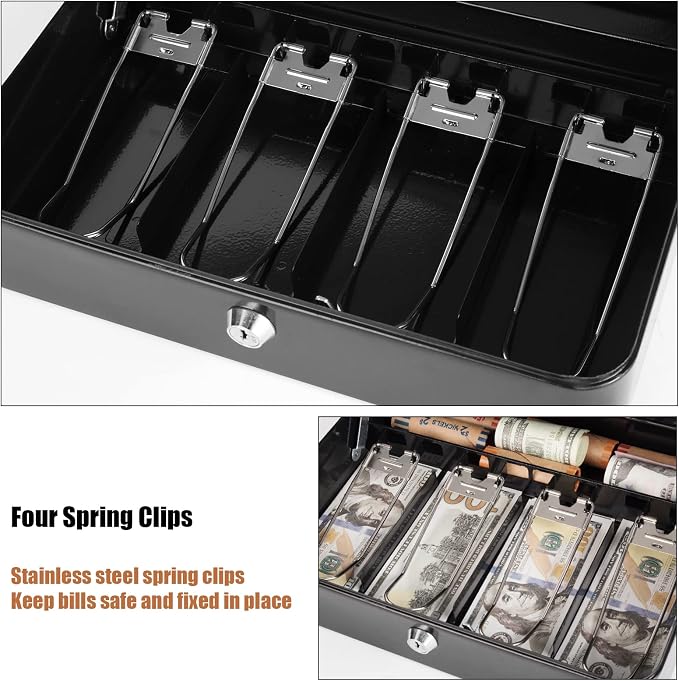 Sumerfnt Cash Box with Money Tray and Lock Money Box with Security Cable, Metal Locking Cash Box - 11.8" x 9.4" x 3.54" Black