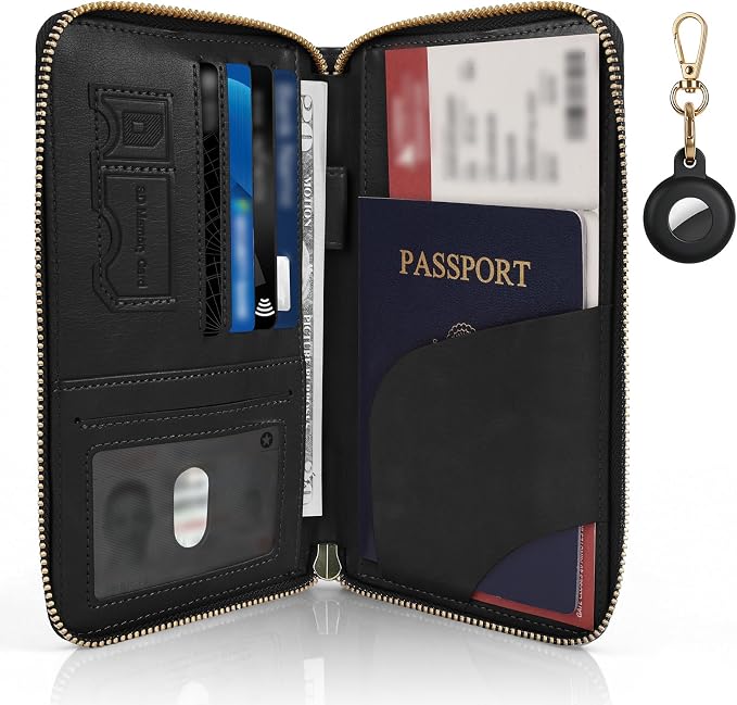 RFID Blocking Passport Wallet, Passport Holder for Travel, Black | Concealed Wallet with Tracker Case, Security Travel Document Organizer Protector Case, All-in-One Wallet, Travel Essentials
