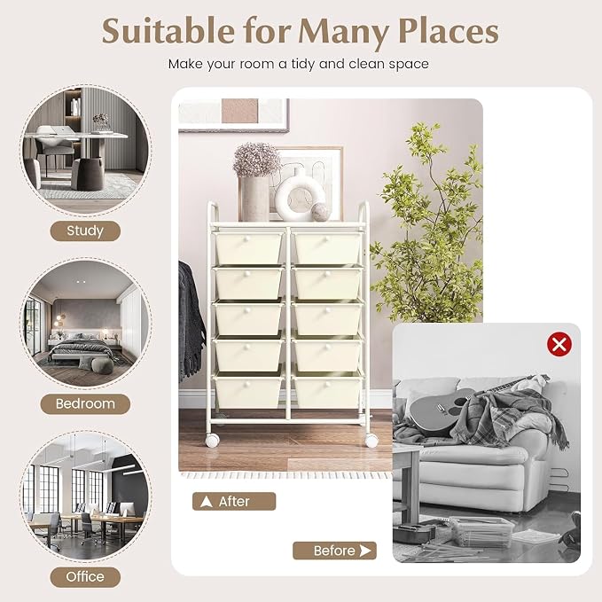 10 Drawer Rolling Cart, Storage Cart Organizer on Wheels, Drawer Cart with Metal Frame & Large Storage Capacity, Rolling Cart with Drawers for Living Room Classroom, Office