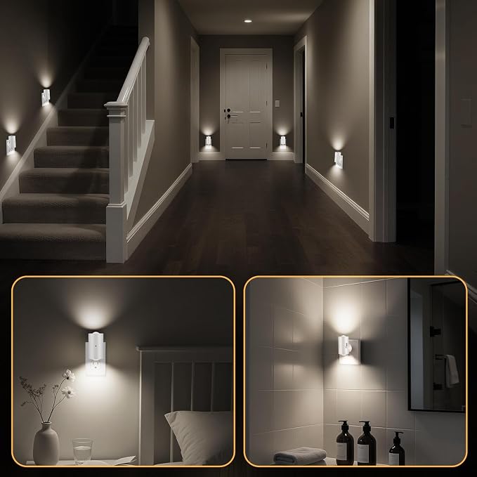 4-Pack Plug-in Dimmable Night Lights with Light Sensor, 4000K Cool White, Adjustable Brightness 0-200 LM, Auto On/Off at Dusk & Dawn for Bathroom Hallway Staircase