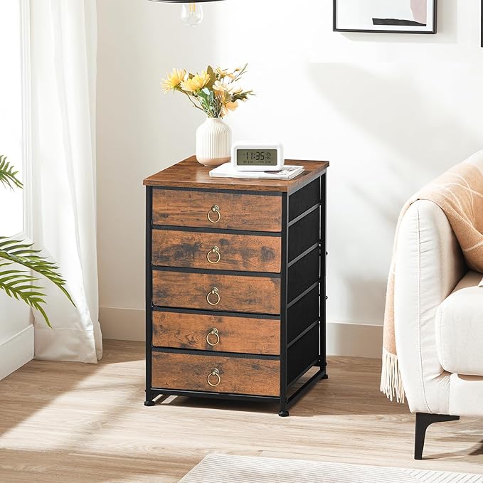 HOOBRO 5-Drawer Chest, File Cabinet, Office Cabinet with Drawers, Rolling Printer Stand for Living Room, Home Office, Nonwovens Drawer, Easy Assembly, Rustic Brown BF50WJ01
