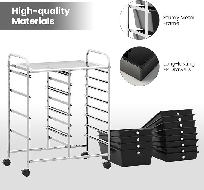 COSTWAY 12 Drawer Rolling Storage Cart, Utility Cart with Metal Frame | Mobile Art Supply Craft Organizer, Multipurpose Storage Organizer for Paper, Office, School Teacher, Classroom, Black