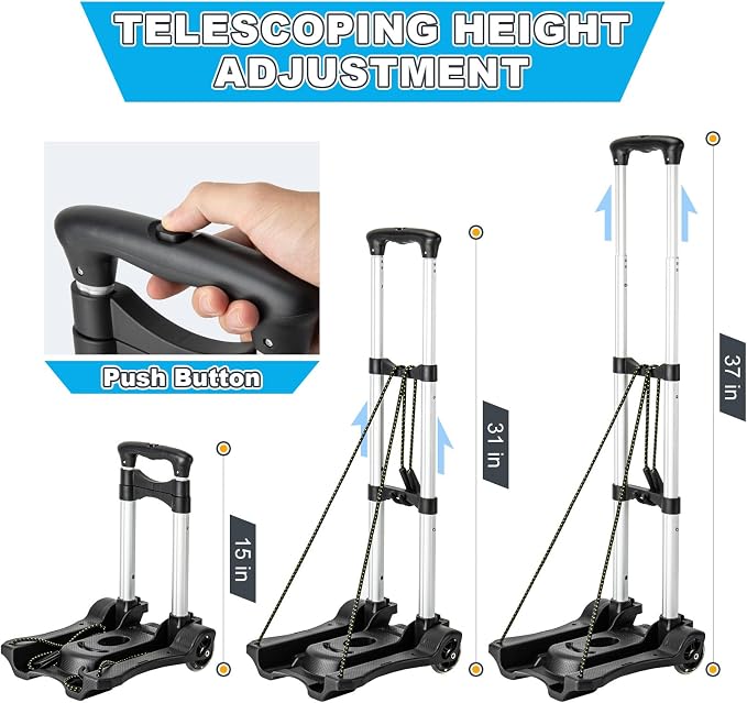 Vsaikeo Small Folding Hand Truck Dolly with 2 Wheels, Foldable Luggage Cart | Lightweight Aluminum Collapsible Cart Portable Dolly for Airport Travel Moving Use