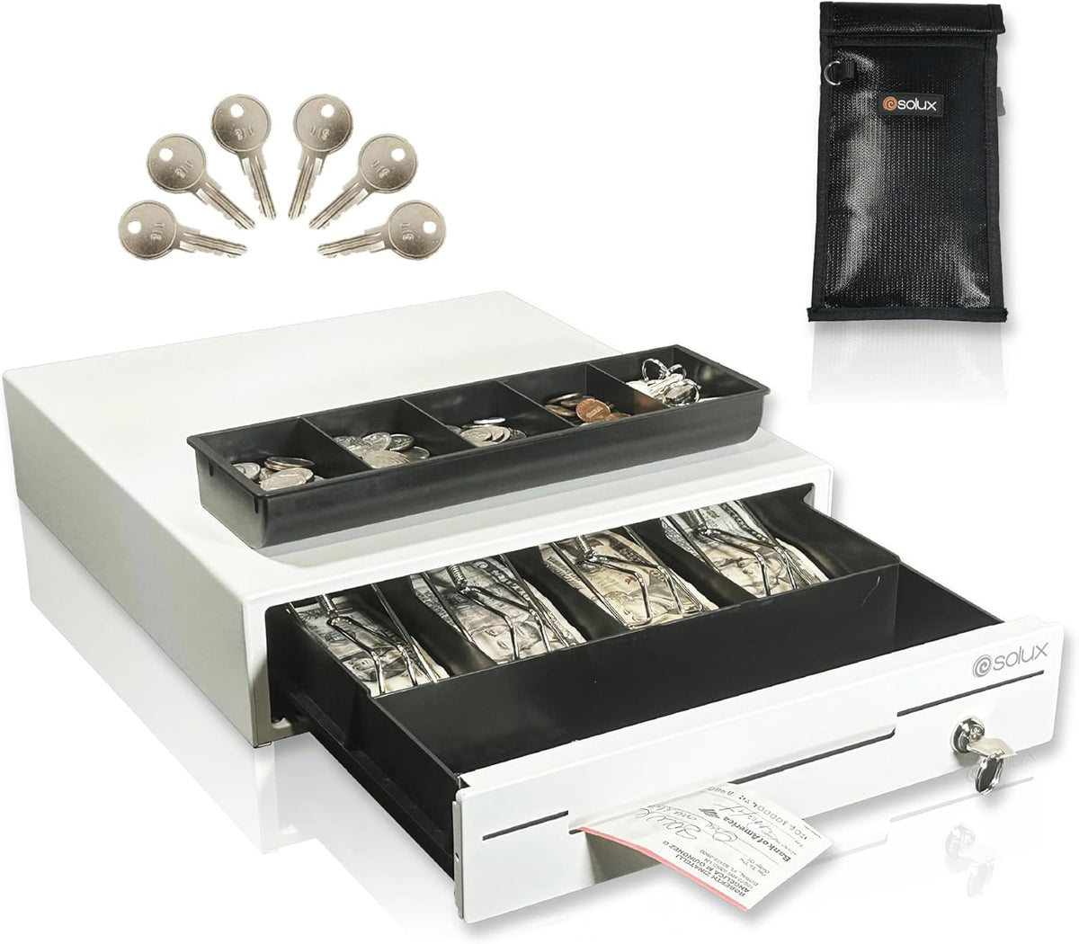 SOLUX 13" Cash Drawer - Cash Registers - Cash Register Drawer for POS - Square Cash Drawer for Small Businesses - Removable Coin Tray - 24V, RJ11/RJ12-Key Lock 4 Bill - 5 Coin, White