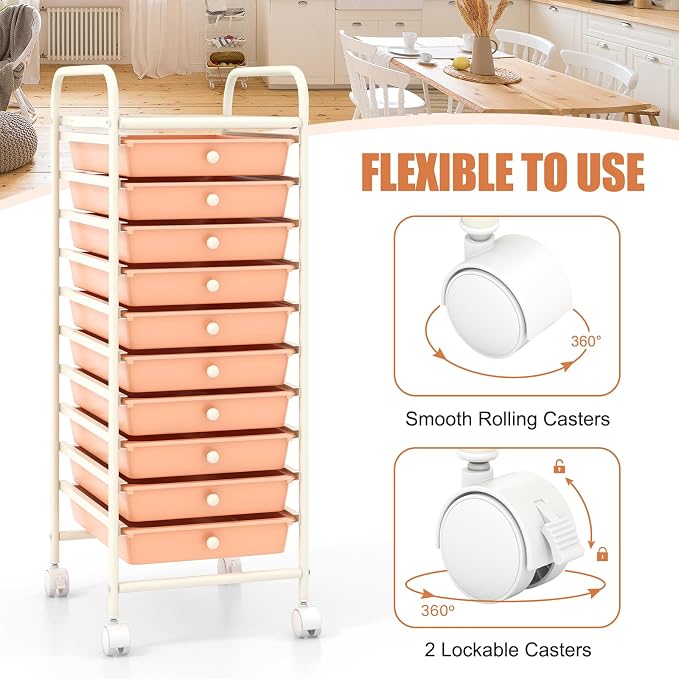 COSTWAY 10-Drawer Rolling Storage Cart, Utility Mobile Trolley | Removable Drawers & Universal Casters & 2 Brakes, Versatile Flexible Drawer Organizer Cart for Home, Office (Peach)