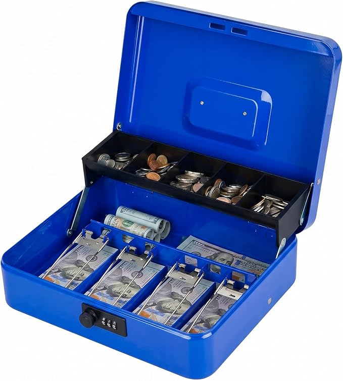 KYODOLED Metal Cash Box with Combination Lock & Spring-Loaded Bill Clips, 5-Compartment Cantilever Coin Tray, Portable Safe for Yard Sales/Craft Fairs/Small Businesses, 11.81”x9.45”x3.54”, Blue
