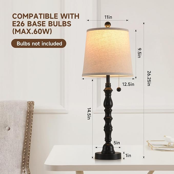 Terpsichore Modern Farmhouse Table Lamp Bedside Reading Lamps Living Room End Tables Set Lamps for Night Stands Bedroom Night Lamp,High 26.26 Inch,Black,with Fabric Lamp Shade,Bulb Not Included