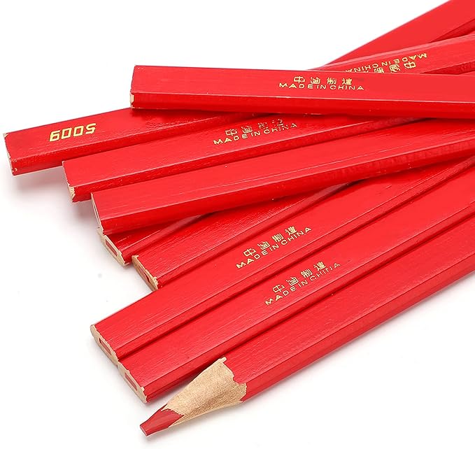 Carpenter Pencils, 10 Red Octagonal Hard Pencils for Woodworking & Concrete Marking