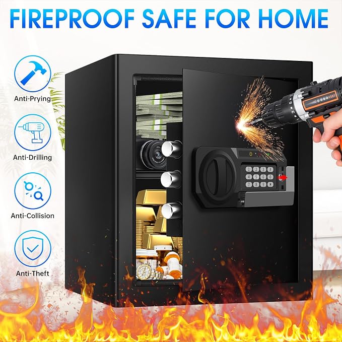 2.0 Cuft Security Safes for Home Use Fire and Water Proof, Steel Safe Box for Home with Combination Lock, Alarm System and Removable Shelf, Anti-theft Fireproof Lock Box for Money, Documents