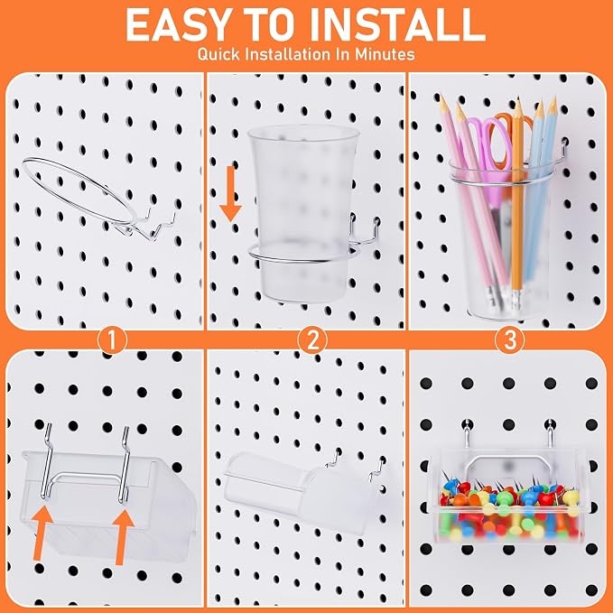 INCLY 30PCS Peg Board Organizer Accessories Kit with Bins, Cups & Baskets | Pegboard Hooks Assortment, Wire Baskets, Paper Towel Holder, 1/8" and 1/4" Pegboard, For Garage Workbench Craft Room