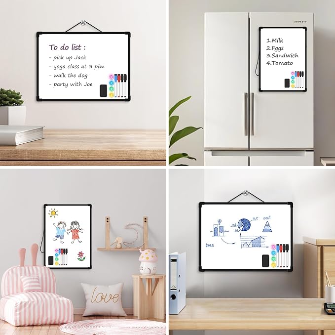 Black Frame Small Dry Erase Board for Wall, 16" x 12" Double-Sided Hanging Whiteboard with 4 Markers, 4 Magnets and 3 Mini Sticky Notes, Portable Whiteboard for Kids, School, Home, Office