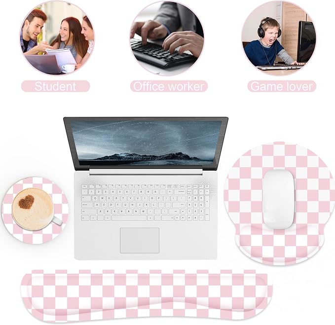 Ergonomic Mouse Pad with Wrist Rest and Keyboard Wrist Rest, Mousepad | Memory Foam Wrist Rest for Computer Keyboard, Pain Relief, Non-Slip Base, Mouse Pad Wrist Support for Gaming, Pink Checkered