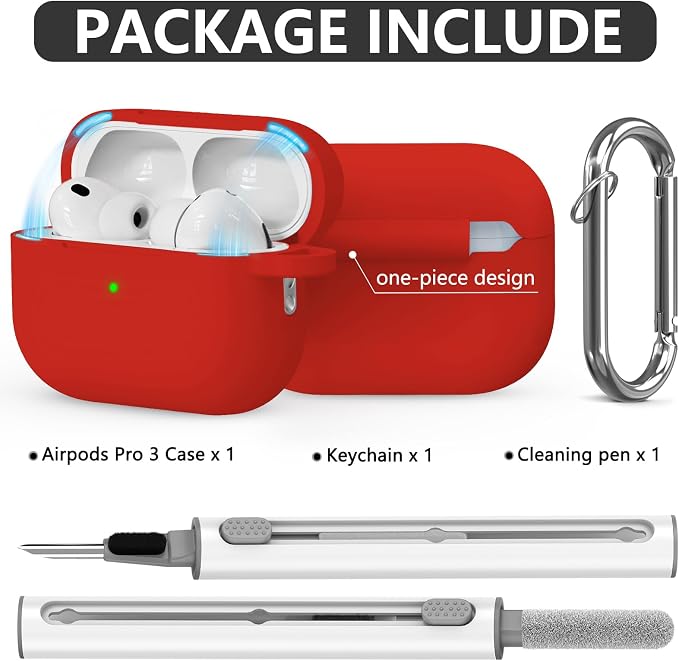Ljusmicker for AirPods Pro 3 Case 2025 with Cleaner Kit,Magnetic Red | Soft Silicone Protective Cover for Apple AirPod Pro 3rd Generation Case with Keychain for Women Men,Shockproof,Magnetic