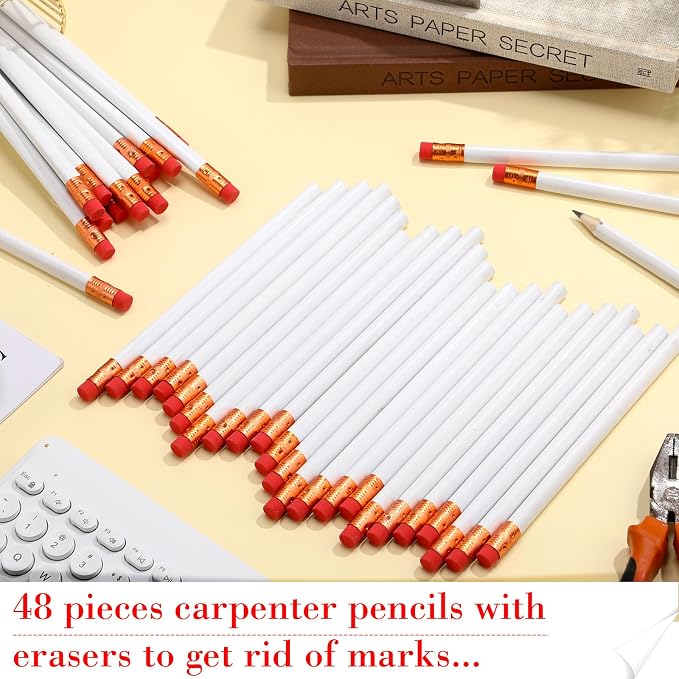 Fainne 48 Pack Jumbo Carpenter Pencils Woodworking Marking with Black Core Thick Flat Construction Pencils for Woodworkers Framers DIY Projects and Contractors(White)