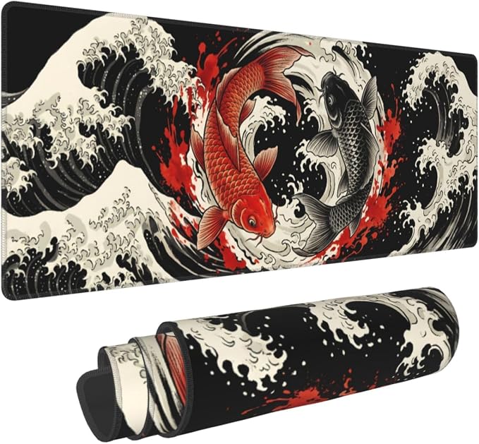 Japanese Koi Fish Wave Gaming Mouse Pad Large Extended Desk Mat Non-Slip Rubber Base Keyboard Pad with Stitched Edges for Office Gaming 31.5x11.8 in