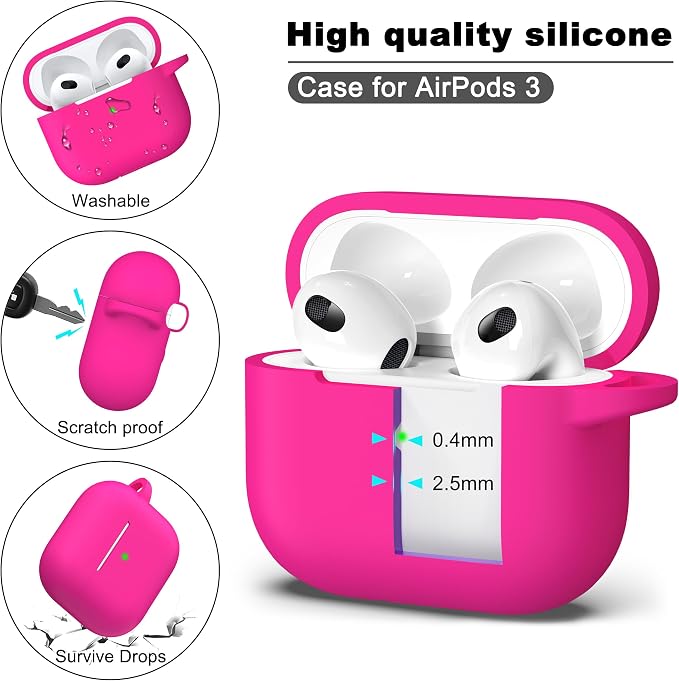 R-fun Compatible with AirPods 3 Case Cover, Silicone Protective Accessories Skin with Keychain Compatible with Apple AirPod 3rd Generation 2021 for Women Men Girls Boys,Front LED Visible,Rose Pink