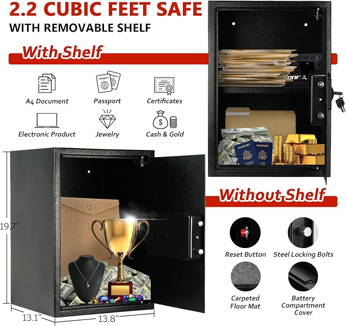 Voncabay Money Safe Box for Home with Digital Keypad, 2.2 Cu. Ft., Black | Alloy Steel, 2 Fireproof Bags, Digital Keypad with Display, Removable Shelf, Fits A4, 13.1 x 19.7 x 13.8 In.