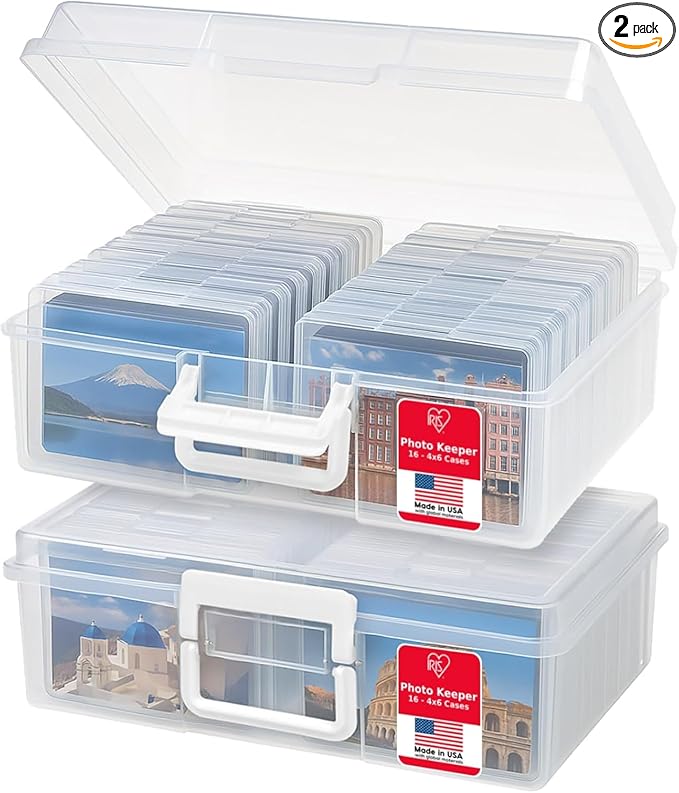 IRIS USA 4" x 6" |Made in USA| 2-Pack Photo Organizers and Picture Storage Box with Handle, 16 Inner Cases/Containers for Tasks, Stickers, Ephemera, & Flashcards - Clear