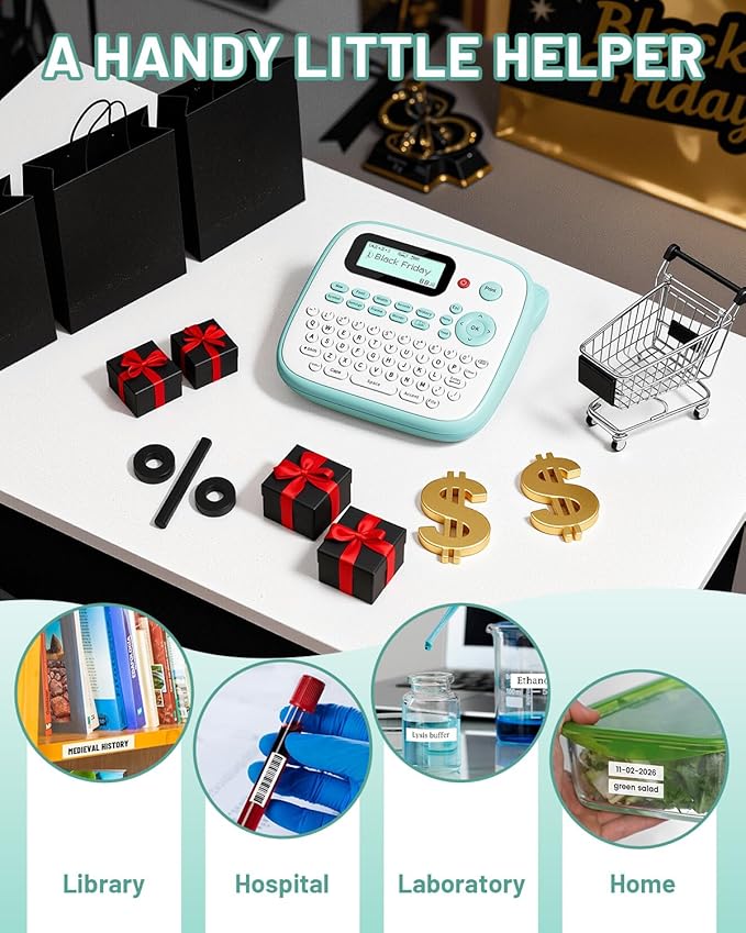 Label Maker for Kids, Desktop Label Maker Machine Labels-Waterproof, D210S Handheld Labeler Machine with Tape-12mm 0.47 Laminated White, Multiple Symbols for Home Office School Kids Teachers Gifts
