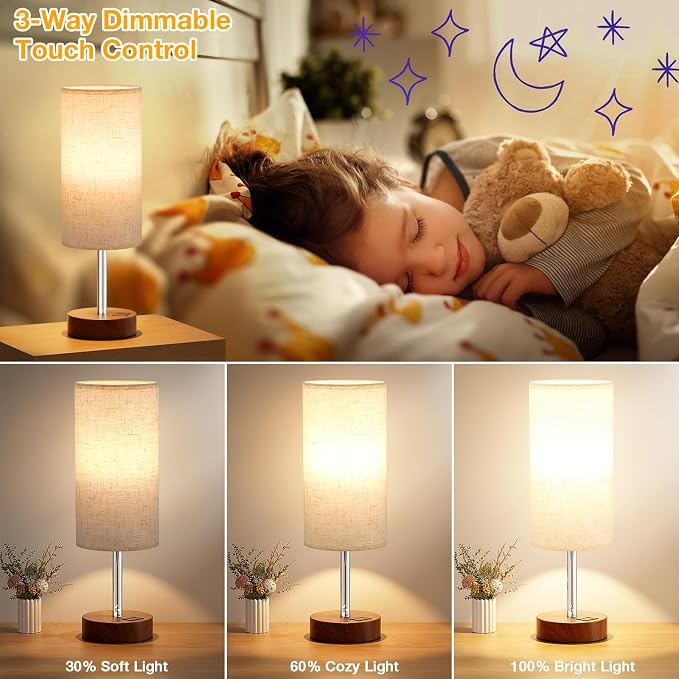 Dicoool Bedside Table Lamp for Bedroom - 3-Way Dimmable Touch Lamp, USB A+C | LED Bulb Included, 14" Small Nightstand Lamp for Desk, Living Room, Guest Room, Cream Fabric Lampshade, Redwood Metal Base