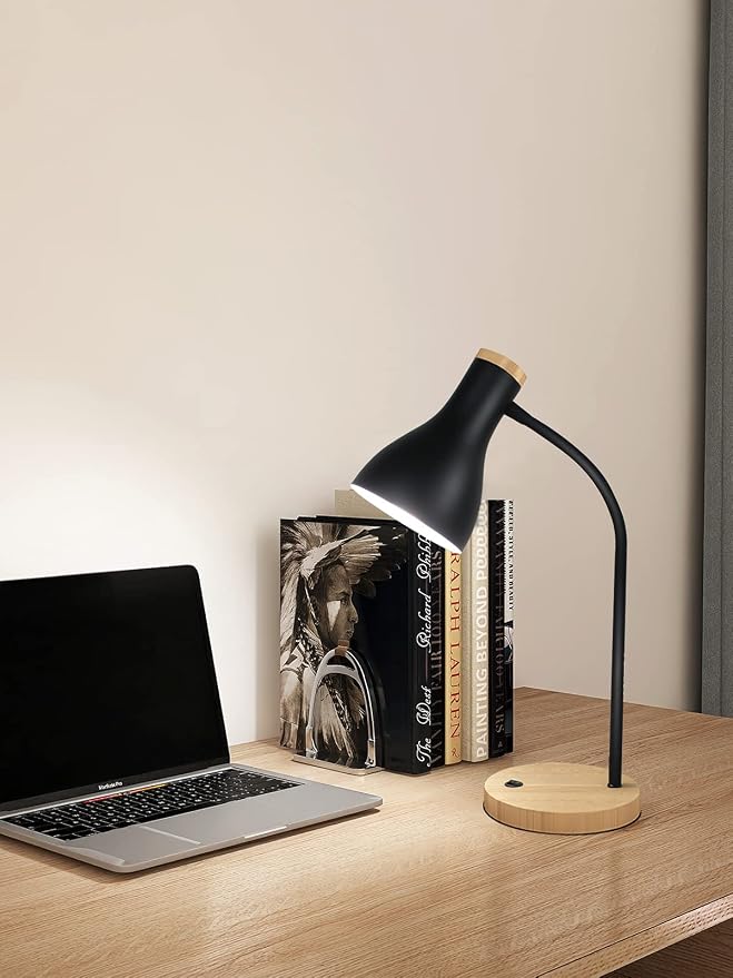 LALISU Metal Desk Lamp Table Lamp Reading Lights Arc Desk Lamps for Bedroom, Wood Base Bedside Lamp with Flexible Gooseneck for Study Room and Office (Wood Base+Black)