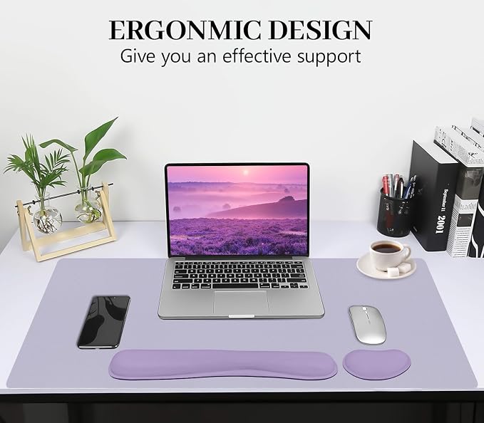 Keyboard and Mouse Pad, 3-in-1 Desk Mat Set Keyboard Wrist Rest | 31.5" x 15.7" Desk Mat, Ergonomic Wrist Rest for Computer Keyboard, Non-slip Base, Waterproof Computer Mat, Lavender
