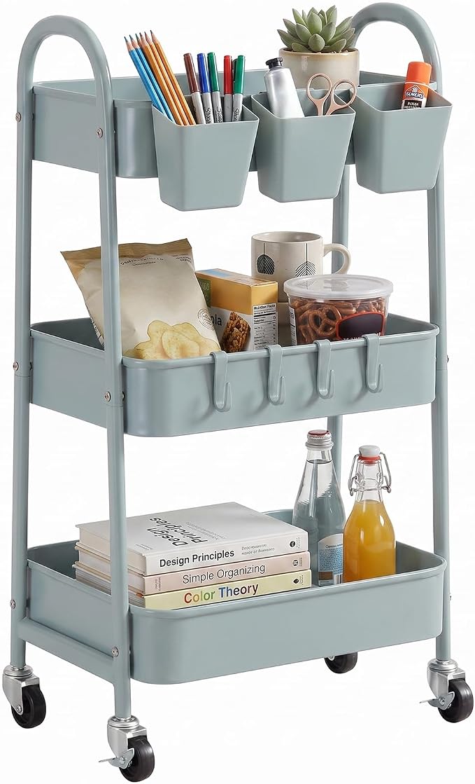 3-Tier Rolling Cart, Utility Cart Mobile Metal Rolling Storage Cart with Lockable Wheels & Hanging Cups & Hooks for Kitchen, Bathroom, Office, Workshop, Gray Blue
