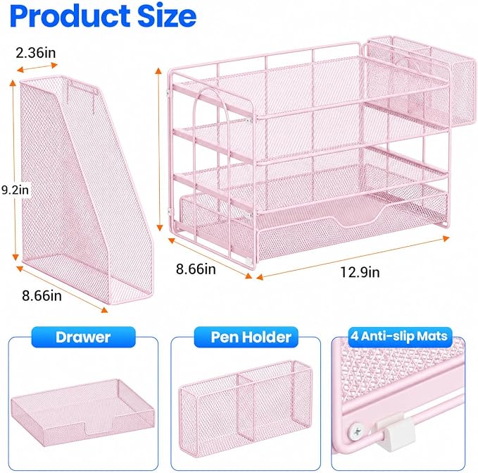 Desk Organizers and Accessories, 4-Tier Desktop File Organizer with Drawer and Pen Holders, Office Desk Accessories Workspace Organizers for Office Supplies (Soft Pink)