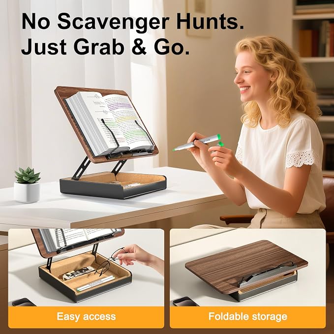 Book Stand with Storage, Book Holder for Reading Hands Free | Wooden Cookbook Stand for Kitchen Counter, Adjustable Reading Stand for Desk, Recipe Stand, Book Prop for Book Lovers