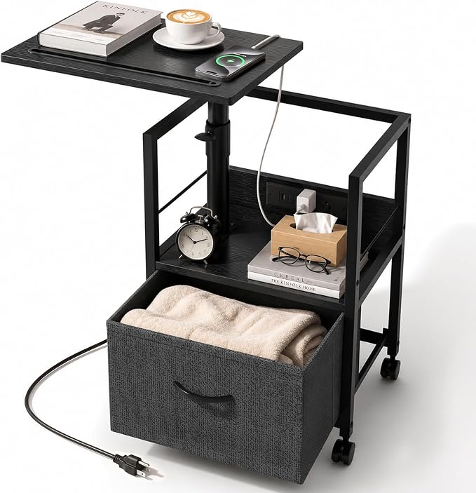 Faesun Swivel Lift Top Nightstand with Charging Station, Rolling Side Table for Recliner, Bedside Table with Wheels & a Fabric Drawer, for Small Spaces, for Bedroom, Living Room, Black Gray