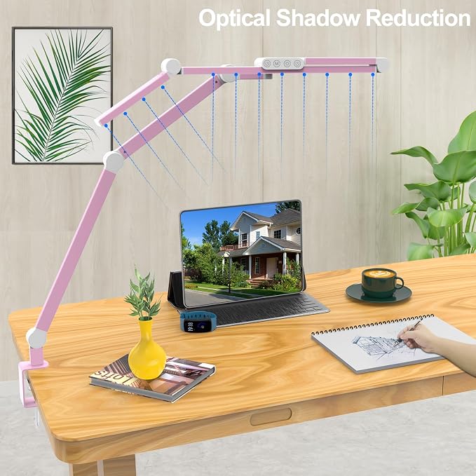 Architect Desk Lamp for Home Office, Pink Desk Lamp with Clamp for Working, 24W Bright Rotatable Led Table Light Stepless Dimming Tempering Wide Computer Light for Crafting Puzzle Hobby