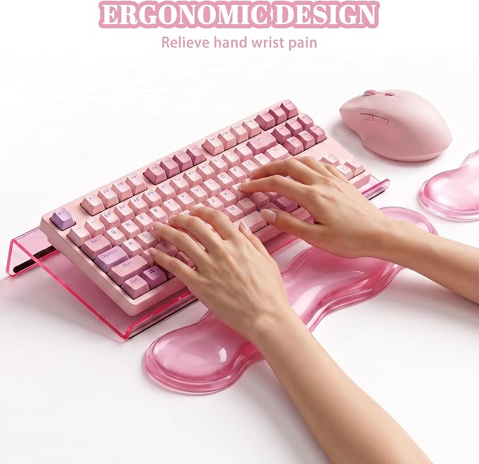 Computer Keyboard Stand Pad with Gel Wrist Rest Keyboard Pad Support with Comfortable Wrist Pad Easy Typing Ergonomic Tilted Acrylic Transparent Keyboard Riser Holder for Desktop Office Home Pink