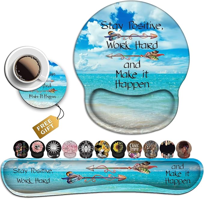 Mouse Pad Square Beach Style Anti-Slip Rubber Mousepad with Durable Stitched Edges for Gaming Office Laptop Computer PC Men Women Kids, Stay Positive Work Hard and Blue Sky Ocean Cute Custom Pattern