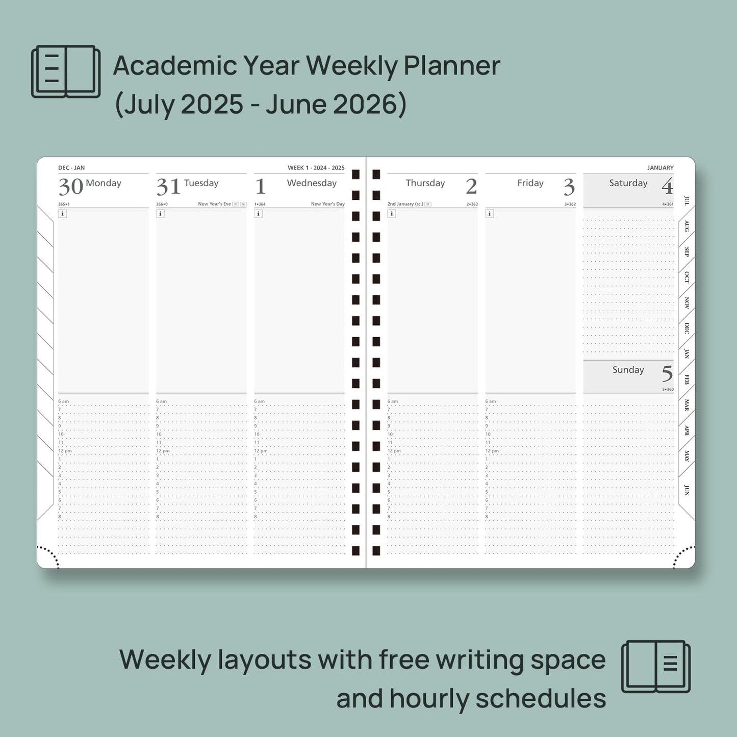 POPRUN Academic Planner 2025-2026 (July 2025-June 2026), Daily Weekly and Monthly Appointment Book (Wirebound Hard Cover - 10'' x 8'') with Hourly Time Slots, Tabs, 100 GSM - Black