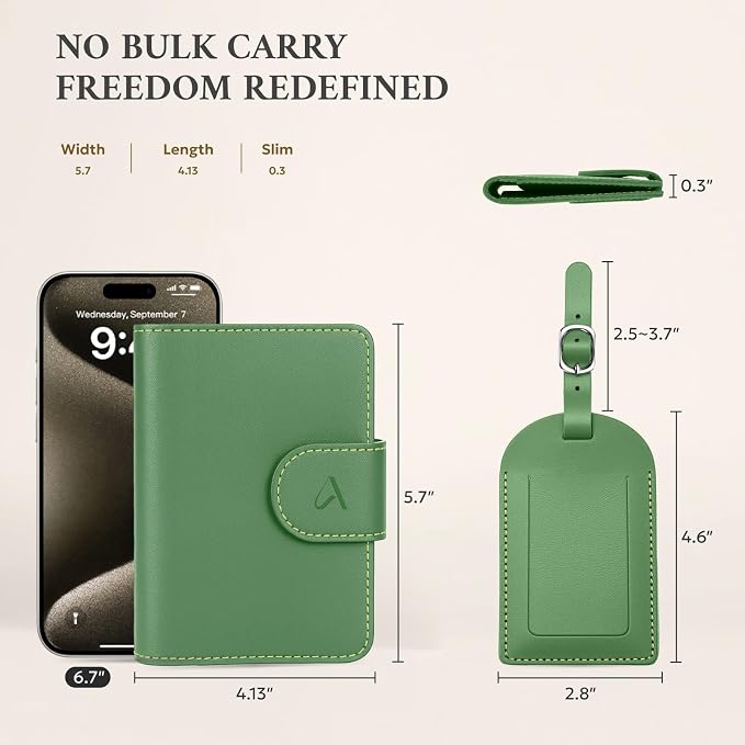ALLIVE Rfid Passport Holder for Travel Women, Rfid Passport Cover Wallet, Genuine Leather Passport Holder for Travel with AirTag Hidden, Gift Set with Luggage Tag in Premium Gift Box (Avocado Green)