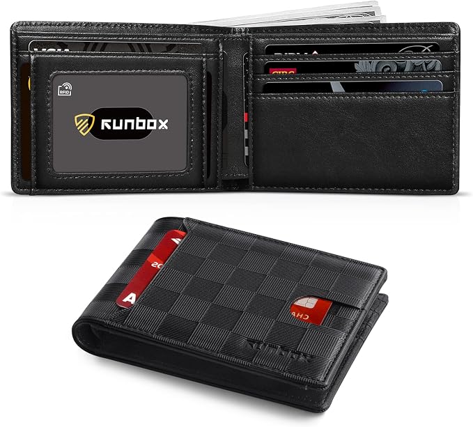RUNBOX Wallet for Men, Slim Leather Bifold, RFID Blocking Card Holder | Minimalist Front Pocket Design, Credit Card Organizer, Holds 11 Cards, Large Capacity, Thin Profile, Birthday Gifts for Men