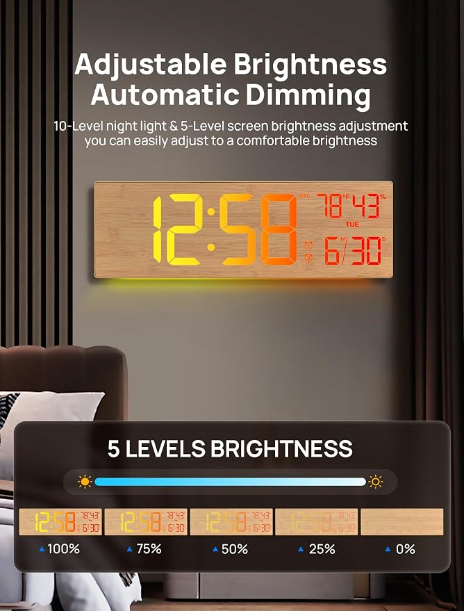 2026 Upgrade 18.5" Large Digital Wall Clock with Remote Control, Big LED Display Digital Clocks with Night Light, Alarm, DST, Temp for Parlor, Office, Classroom, Bedroom,Gifts for Seniors(Light Wood)