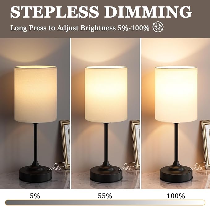 Touch Control Cordlss Table Lamp, USB-C Rechargeable Lamp with Stepless Dimming, 4000mAh Battery Operated Bedside Lamp for Bedroom, Living Room, Night Light & Emergency Lighting, Black, 1 Pack
