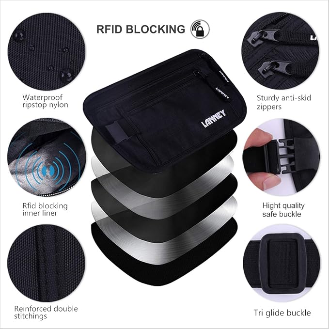 Money Belt for Travel, Slim RFID Blocking Women and Men hidden Travel Pouch Under Clothes, Passport Holder Protect Cash, Documents, Credit Card, Black, Bonus 2 RFID Sleeves