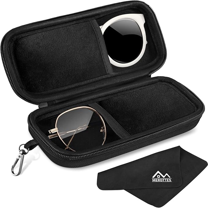 Double Glasses Case Hard Shell, Dual Sunglasses Organizer w/Zipper, Shockproof Travel Eyewear Storage Case for Car
