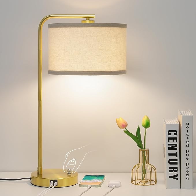 Mordern Gold Table Lamp, Fully Dimmable Bedside Lamp with C+A USB Ports | 25" Tall Nightstand Lamp, Desk Lamp with Beige Drum Shade, Side Table Lamp for Living Room Bedroom Office, LED Bulb Included